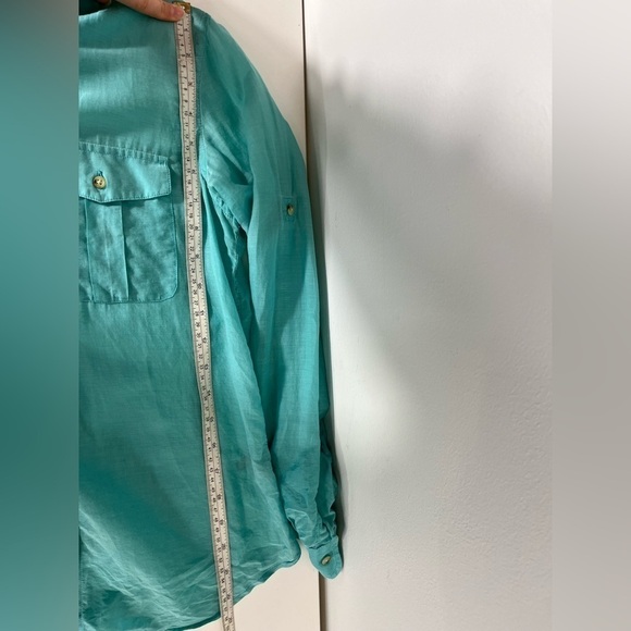 LAUREN Ralph Lauren Cotton Silk Blend Button Up Womens Size XS Blue Shirt Top - Picture 11 of 14